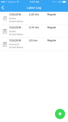The Labor Log page, as it appears on the 360Facility Mobile App, which allows you to view a list of labor entries added to a work request